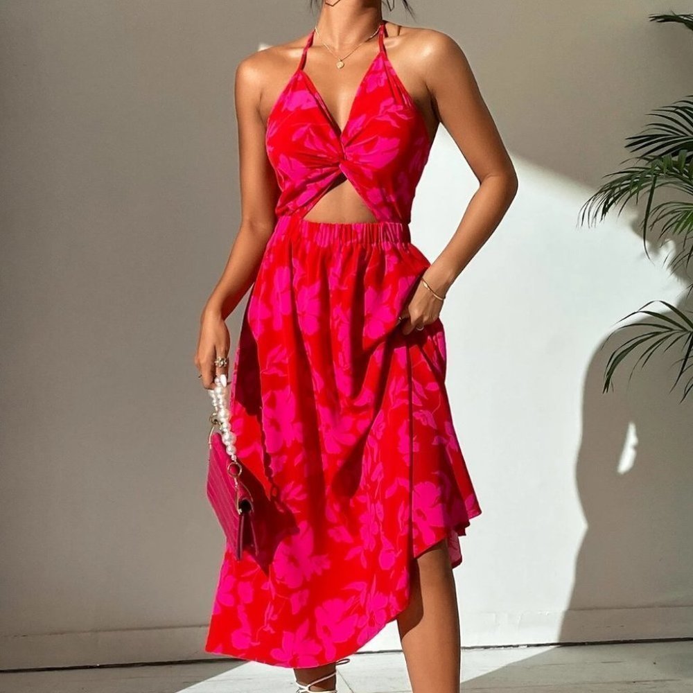 Floral Print Twist Front Halter maxi Dress pink red - Picture 5 of 5
